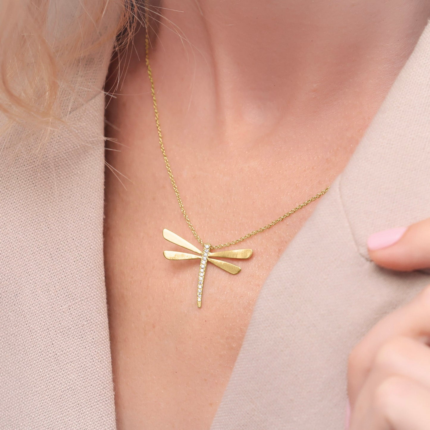 Dragonfly Diamond Necklace - Large (14K Solid Gold)