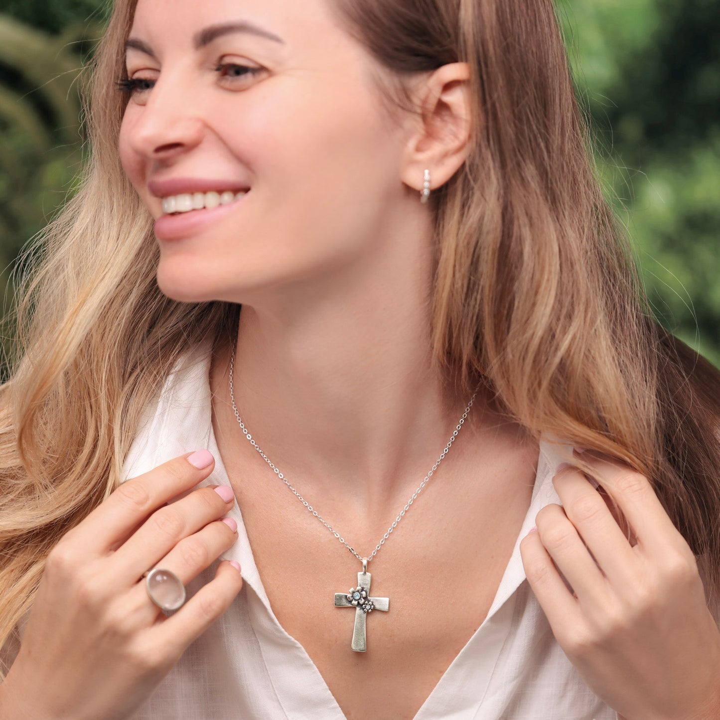Double Birthstone Bloom Cross Necklace (Sterling Silver)
