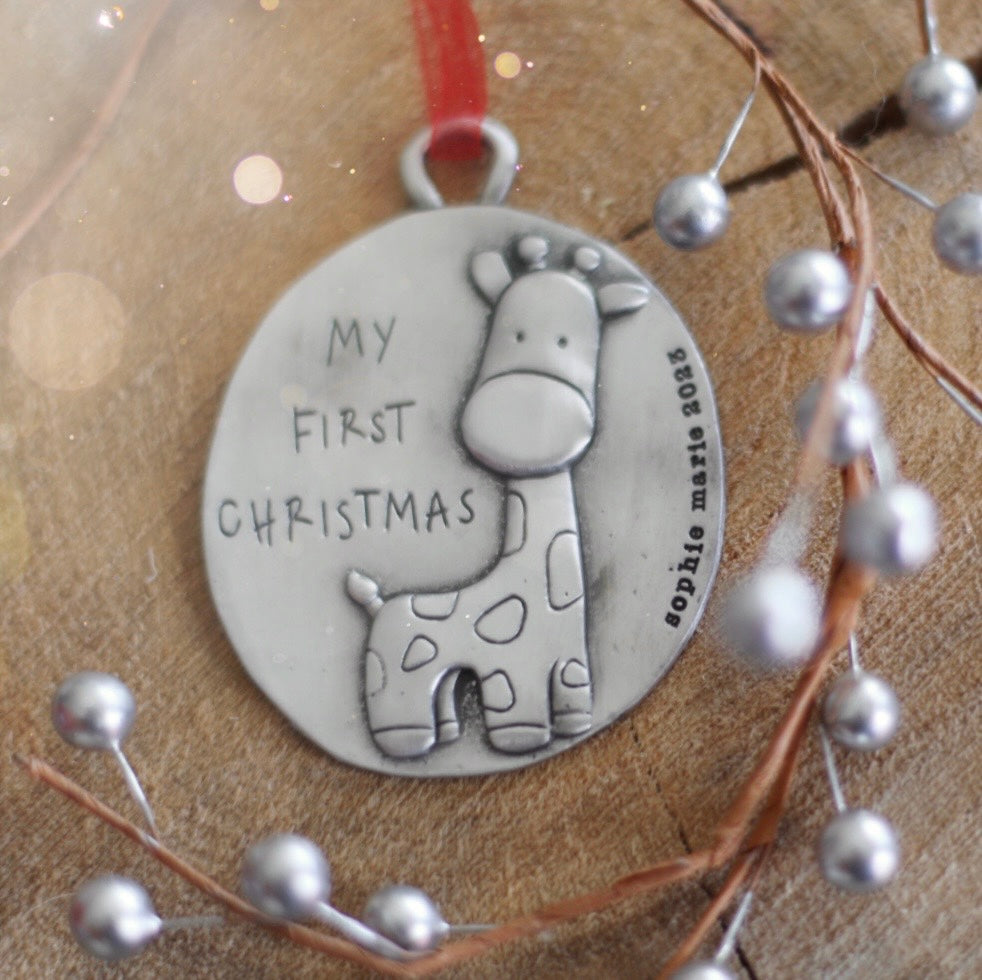My First Christmas Ornament Giraffe in pewter personalizable up to 18 characters
