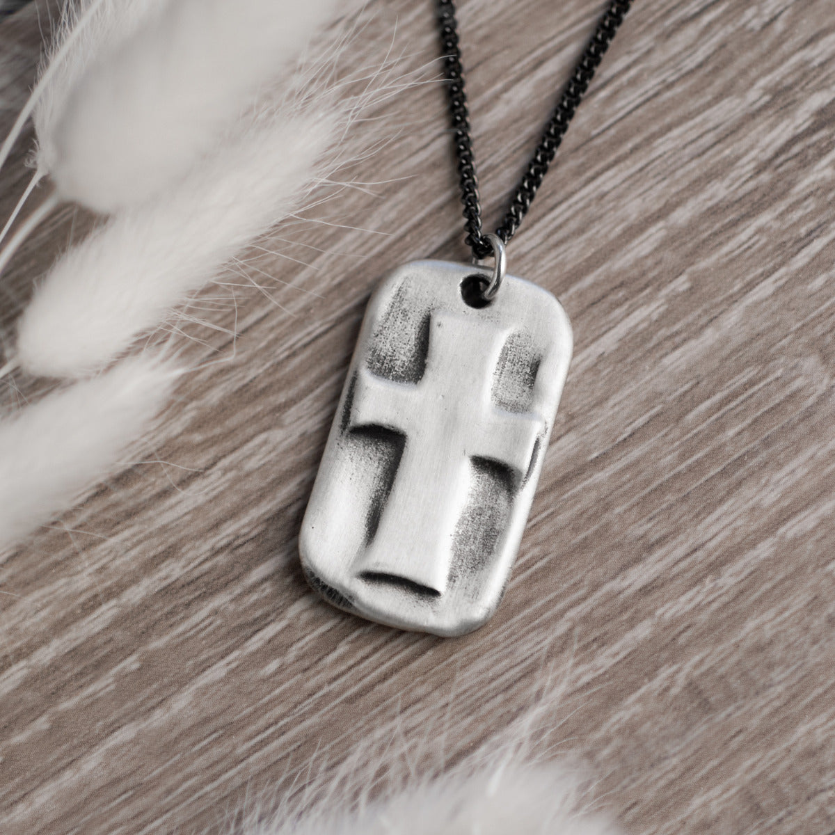 Prevail Cross Dog Tag Necklace (Sterling Silver)