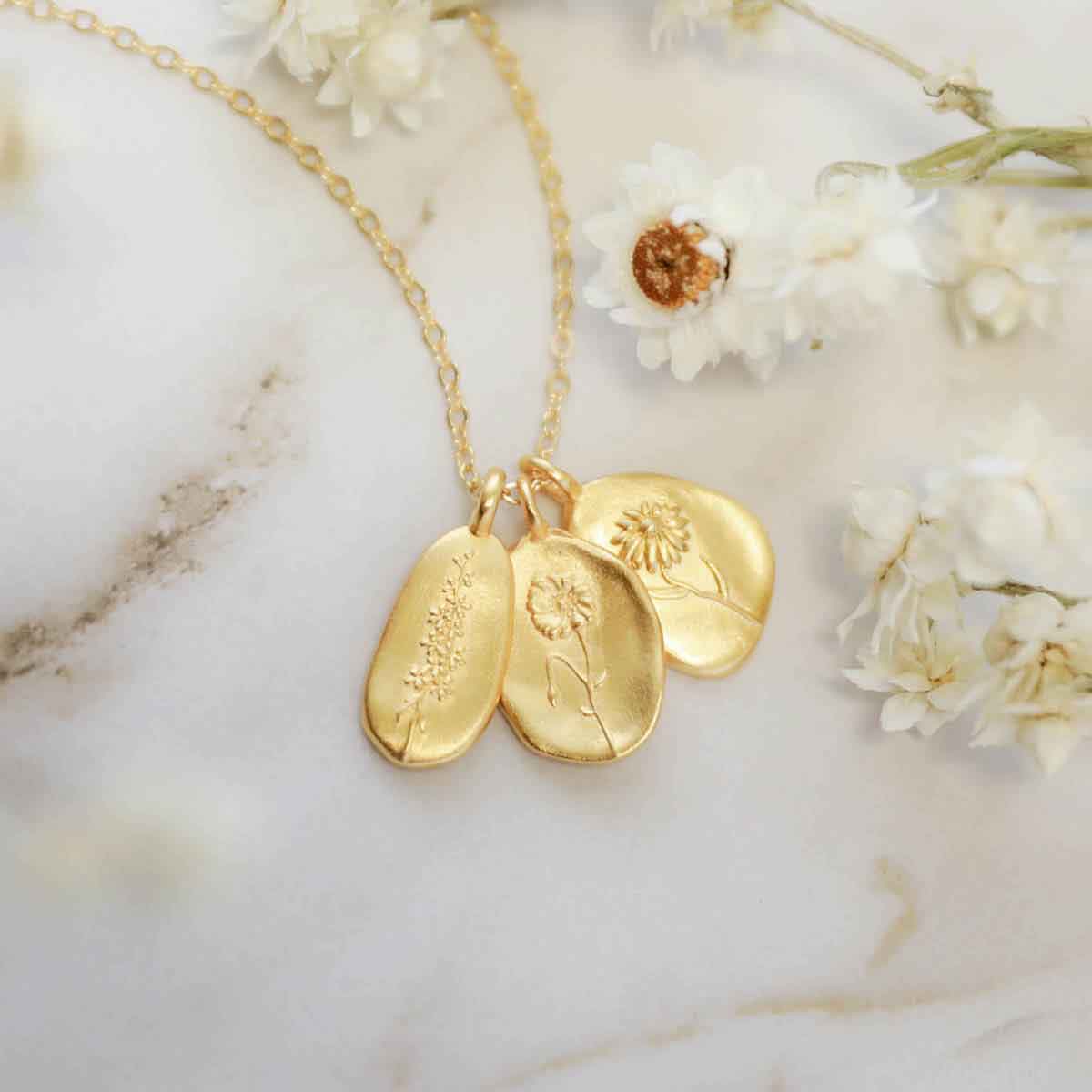 September birth flower necklace with an 18" gold filled link chain