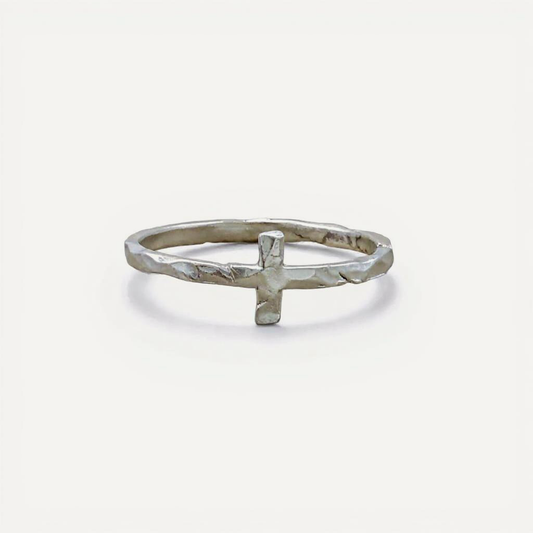 Simple Hammered Cross Ring (Sterling Silver)