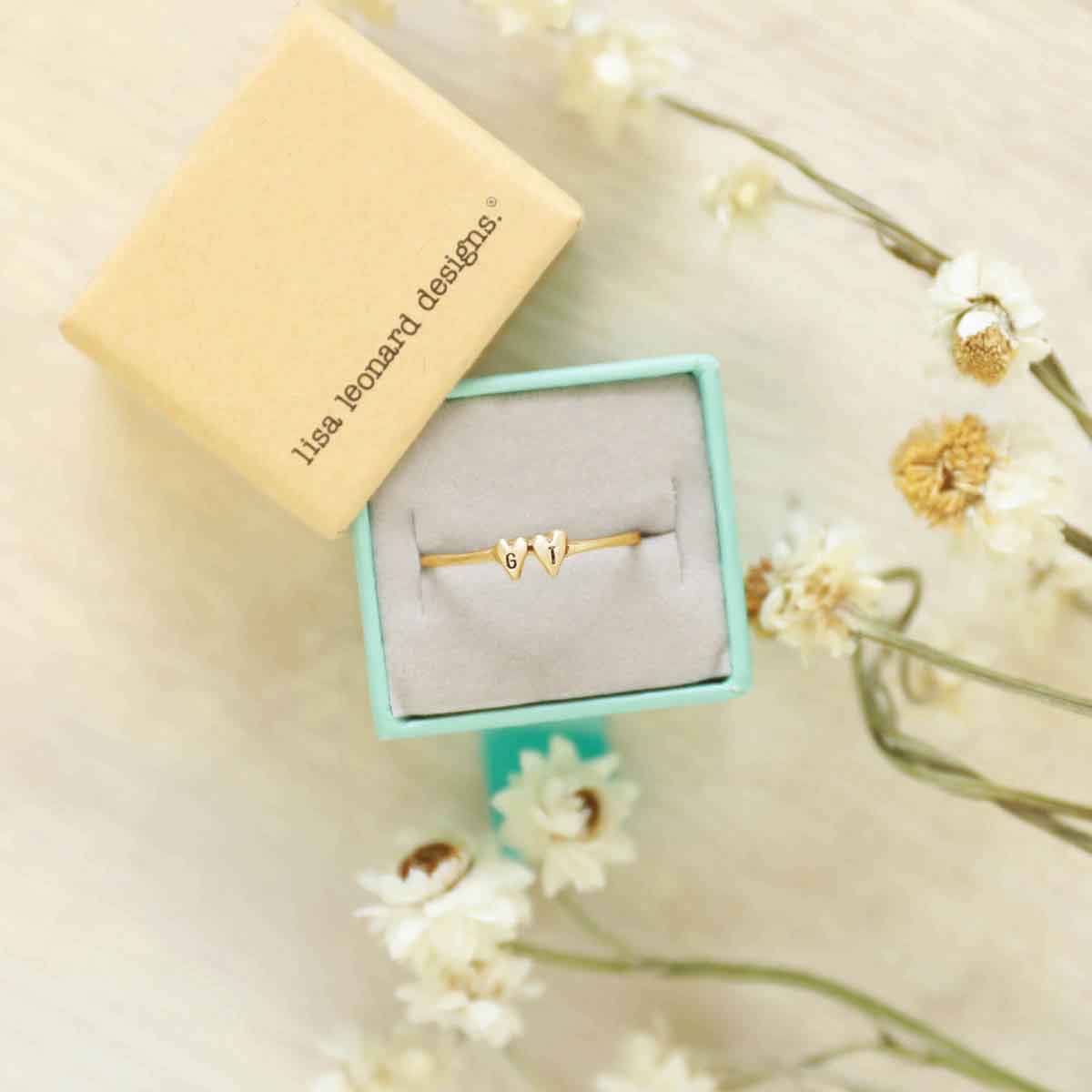 girl wearing 14k yellow gold Sweet Love Initial Ring - Two Hearts