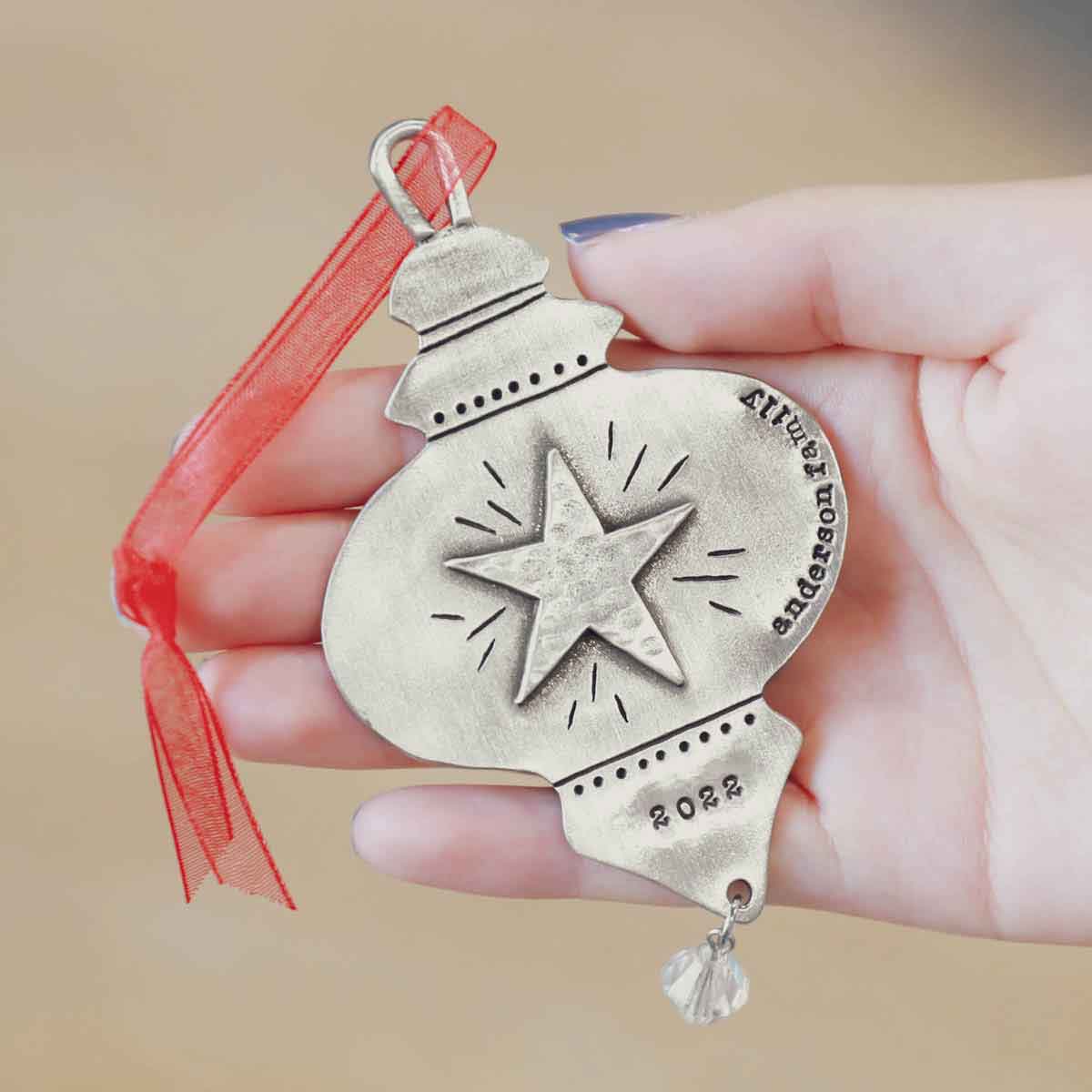 vintage glass ornament hand-molded and cast in fine pewter and personalized with a special name