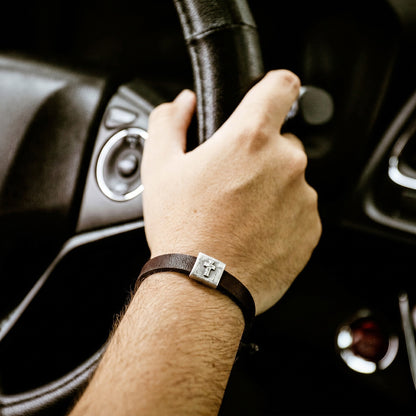 Equitable Leather Cross Bracelet (Dark Brown, Pewter)