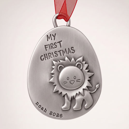 Playful Lion First Christmas Ornament (Pewter)