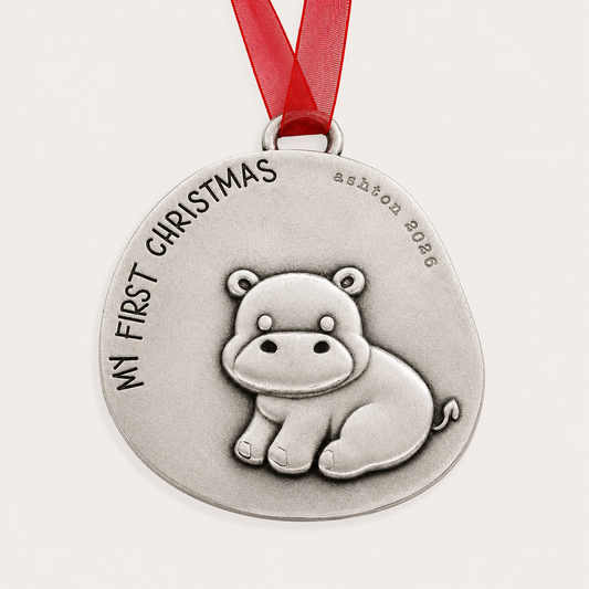 Happy Hippo First Christmas Ornament (Pewter)