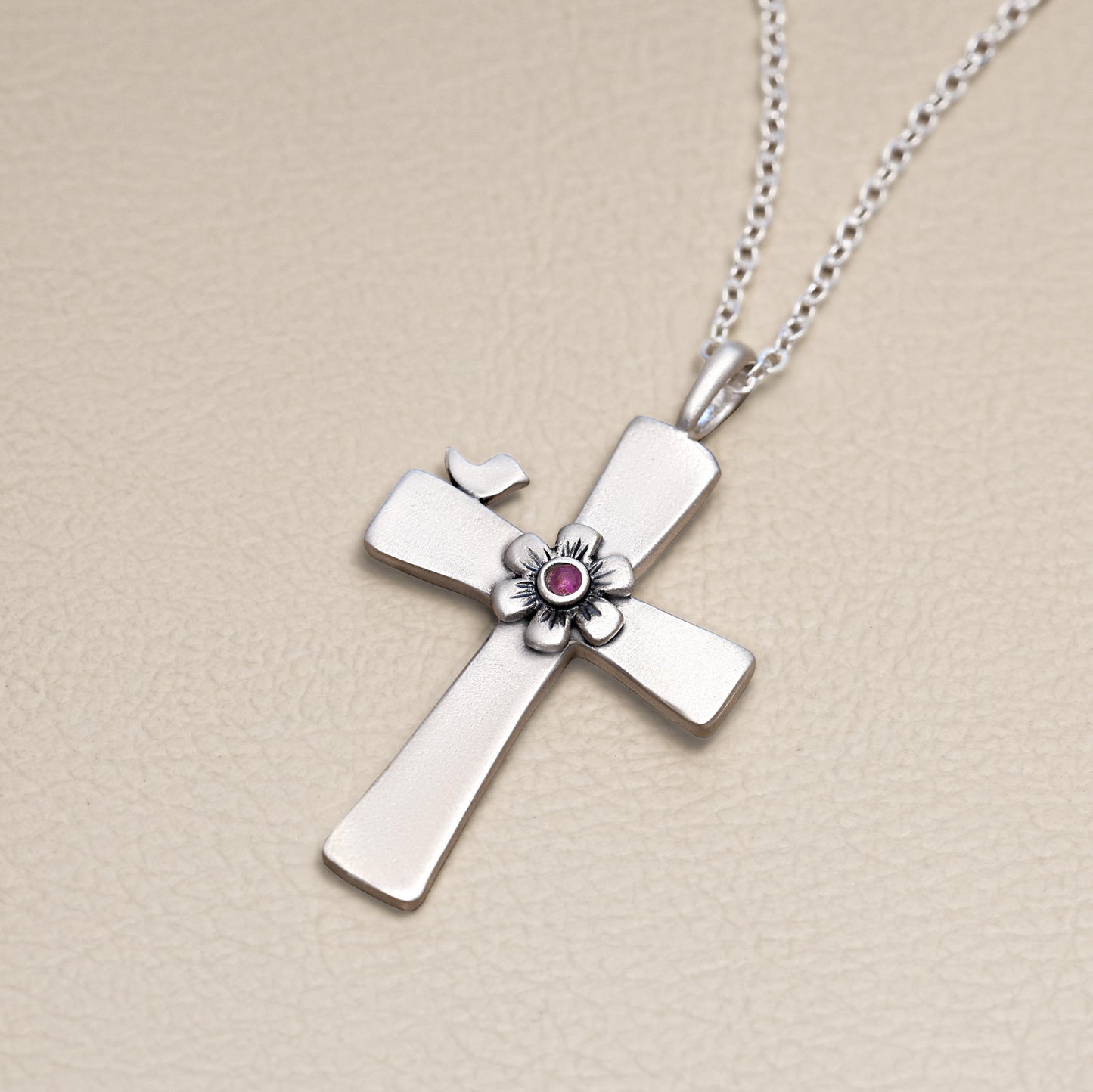 Birdie Birthstone Bloom Cross Necklace (Sterling Silver)