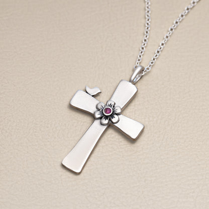 Birdie Birthstone Bloom Cross Necklace (Sterling Silver)