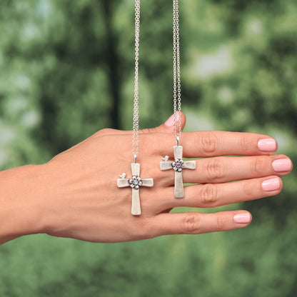 Birdie Birthstone Bloom Cross Necklace (Sterling Silver)