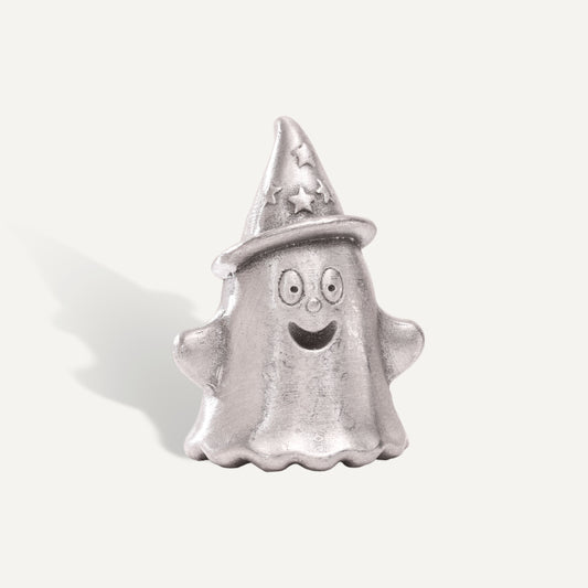 Sal the Silly Ghost pewter figurine with a smiling face and a star covered wizard hat by Lisa Leonard