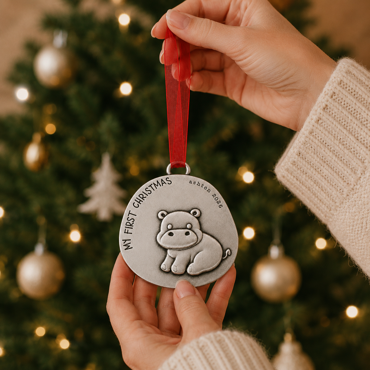 Happy Hippo First Christmas Ornament (Pewter)