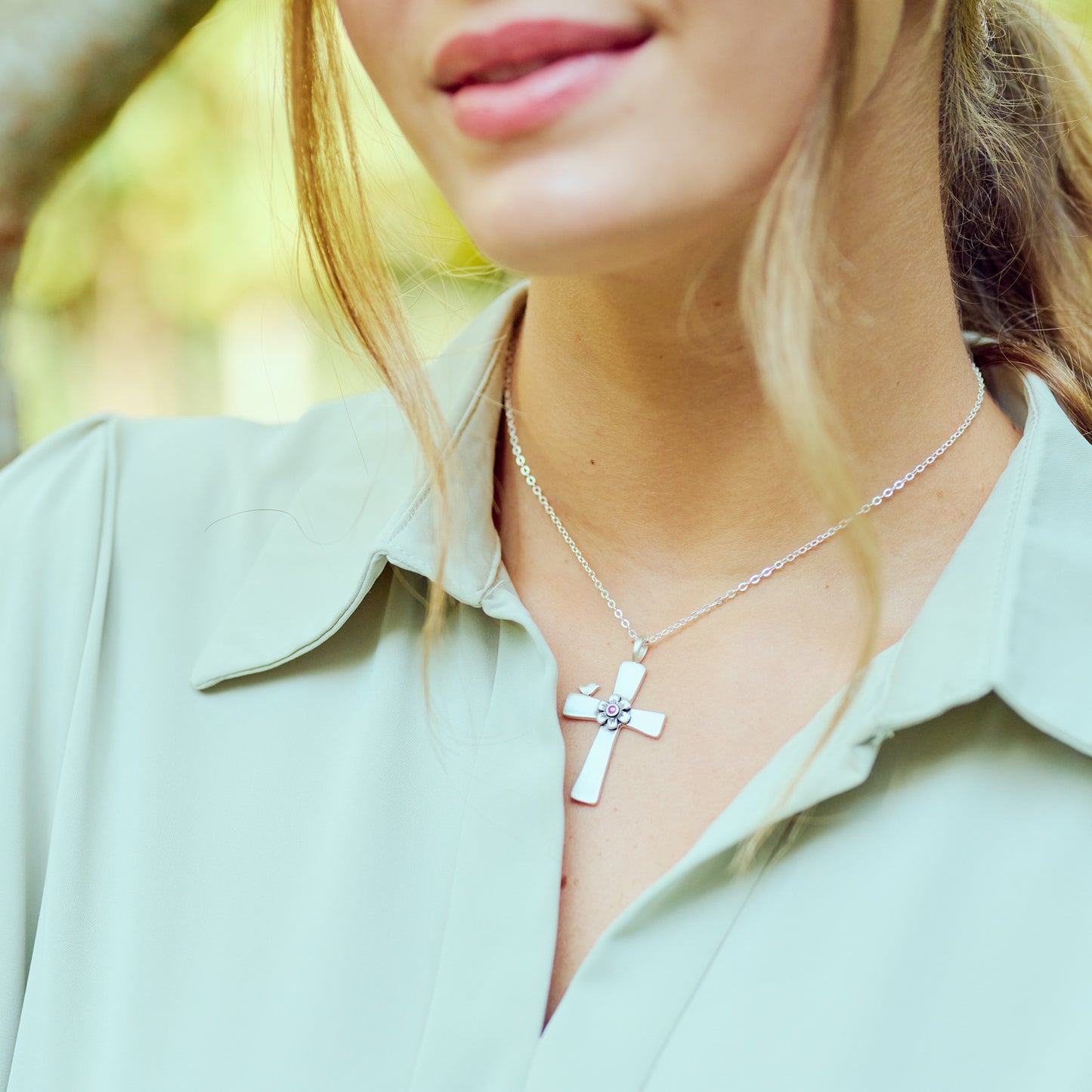 Birdie Birthstone Bloom Cross Necklace (Sterling Silver)
