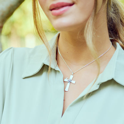 Birdie Birthstone Bloom Cross Necklace (Sterling Silver)