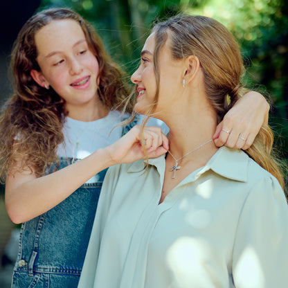 Double Birthstone Bloom Cross Necklace (Sterling Silver)
