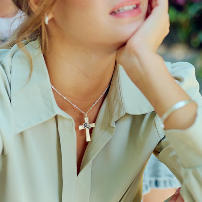 Double Birthstone Bloom Cross Necklace (Sterling Silver)