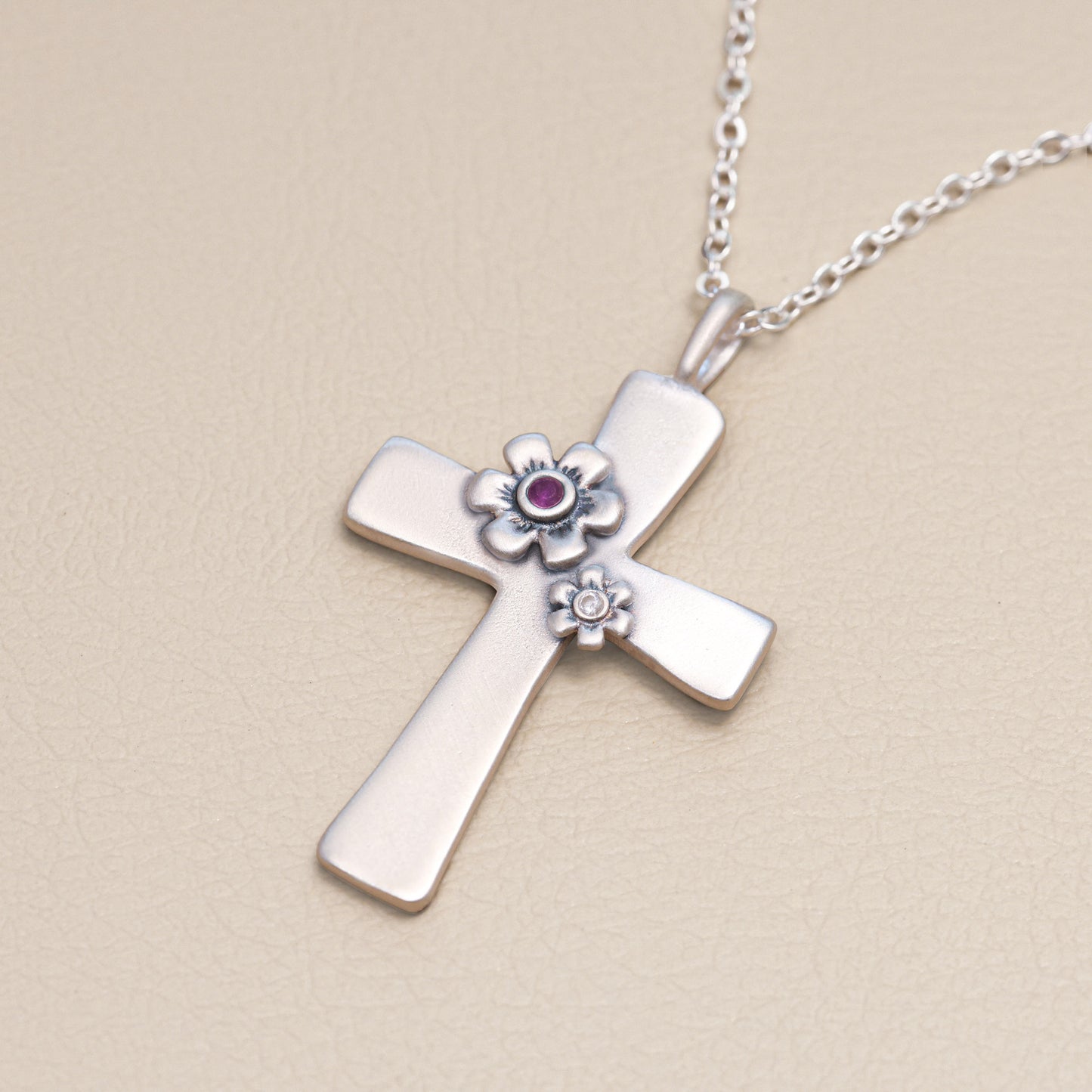Double Birthstone Bloom Cross Necklace (Sterling Silver)