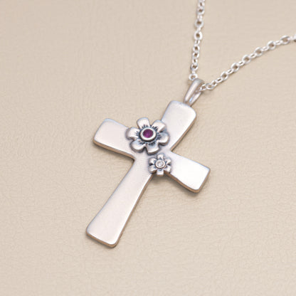 Double Birthstone Bloom Cross Necklace (Sterling Silver)