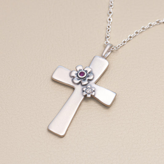 Double Birthstone Bloom Cross Necklace (Sterling Silver)