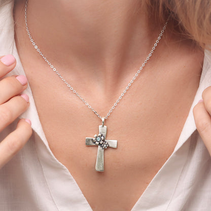 Double Birthstone Bloom Cross Necklace (Sterling Silver)