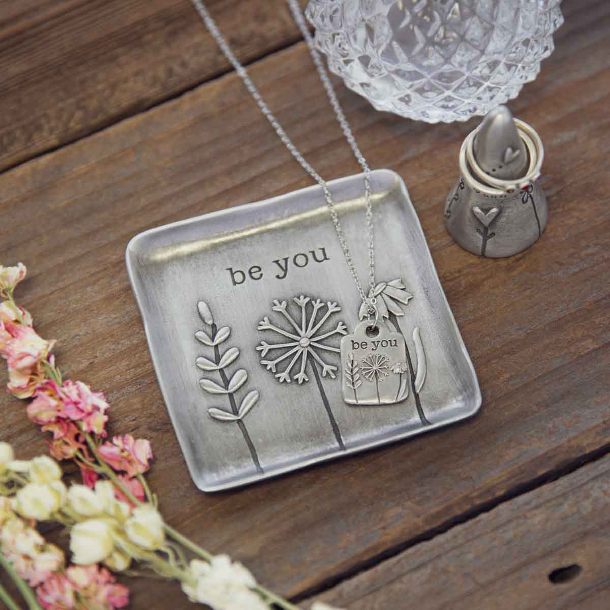 Be You Necklace and Keepsake Dish Gift Bundle (Pewter)