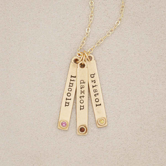 Bezel birthstone necklace handcrafted in 10k yellow gold with choice of genuine stone or diamond and personalized with a special name