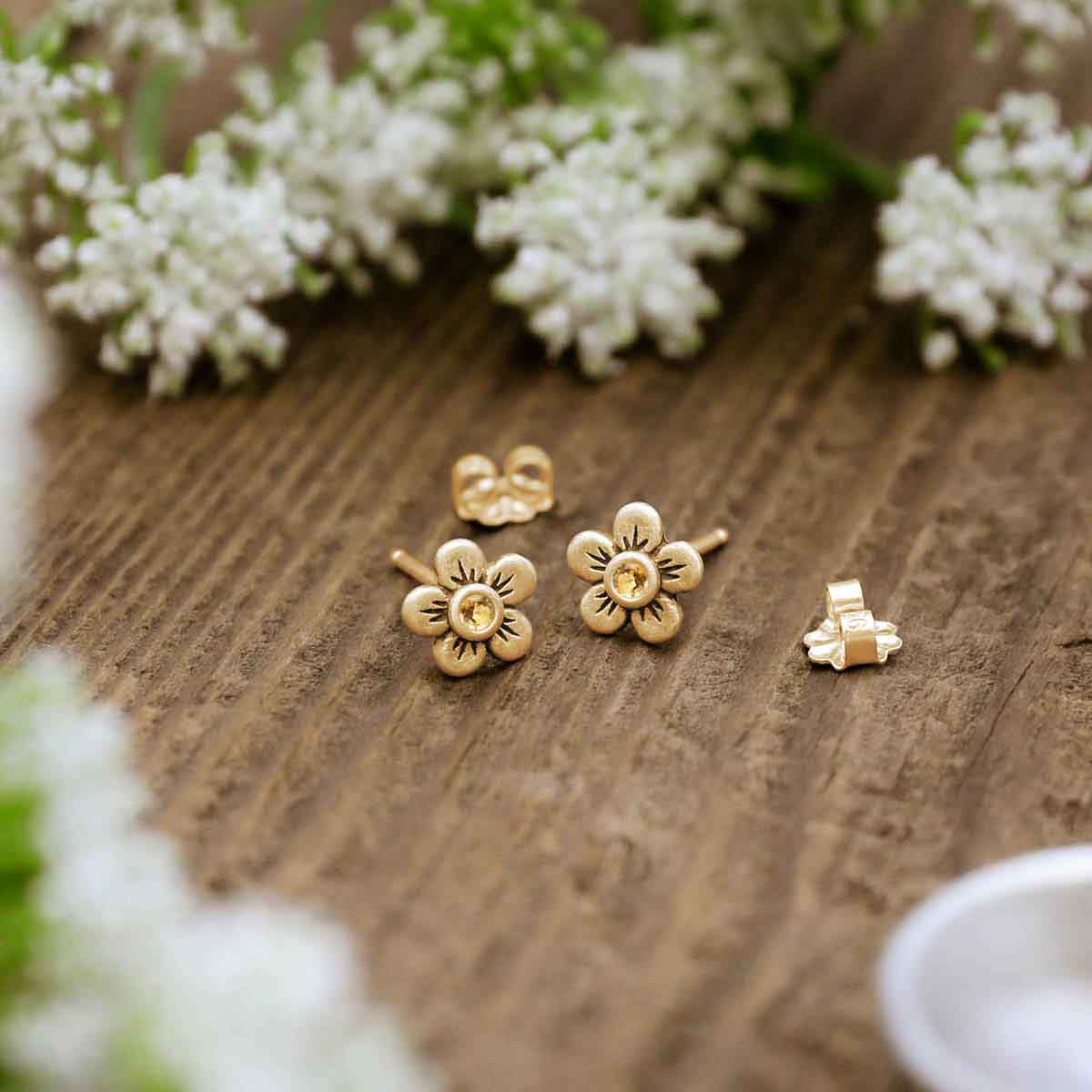 Birthstone Bloom Stud Earrings (14K Solid Gold)