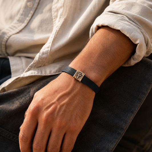 Equitable Leather Cross Bracelet (Black, Gold-Plated)