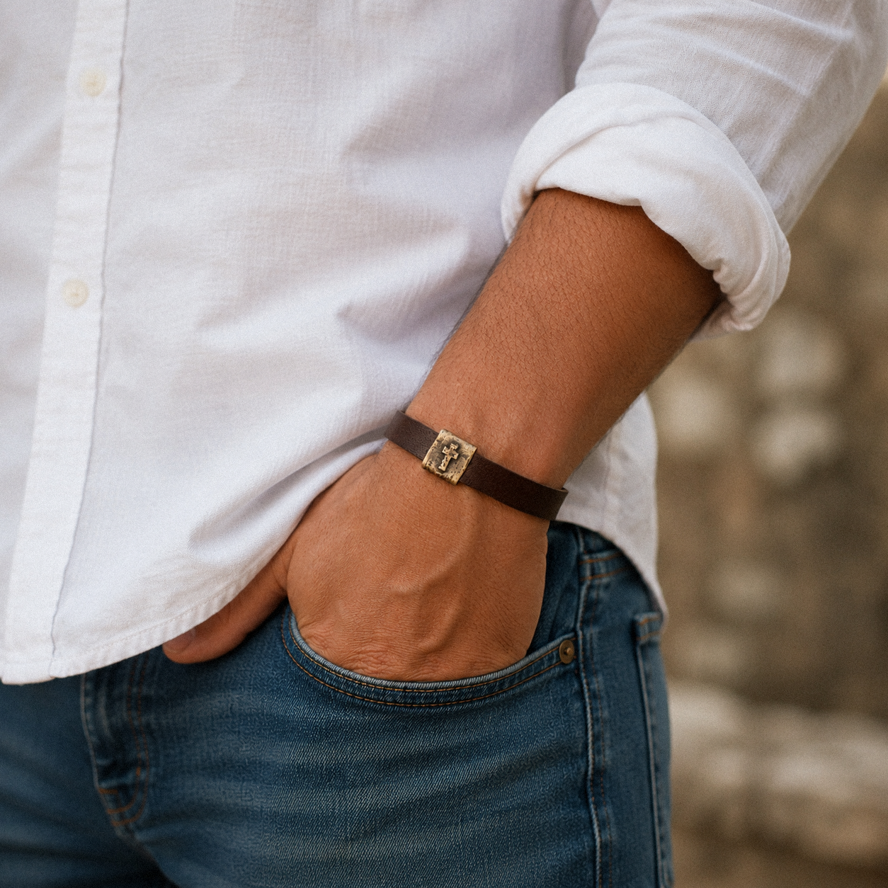 Equitable Leather Cross Bracelet (Dark Brown, Gold-Plated)