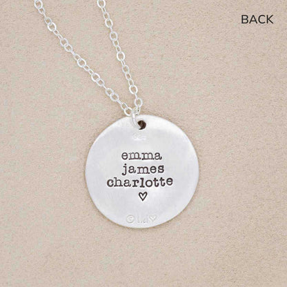 Family tree necklace handcrafted in sterling silver with a matte brushed finish and personalized with a quote or family name