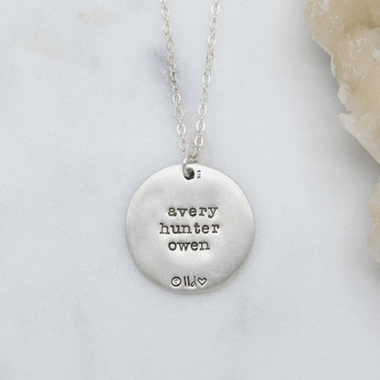 Family tree necklace handcrafted in sterling silver with a matte brushed finish and personalized with a quote or family name