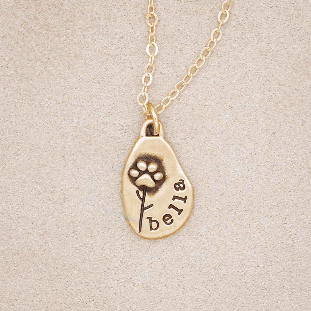 Furry Footprint Flower Necklace, personalized and handcrafted in 10k yellow gold