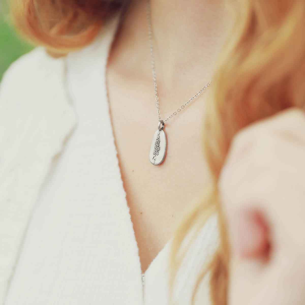 a pewter July Birth Flower necklace with 18" link chain