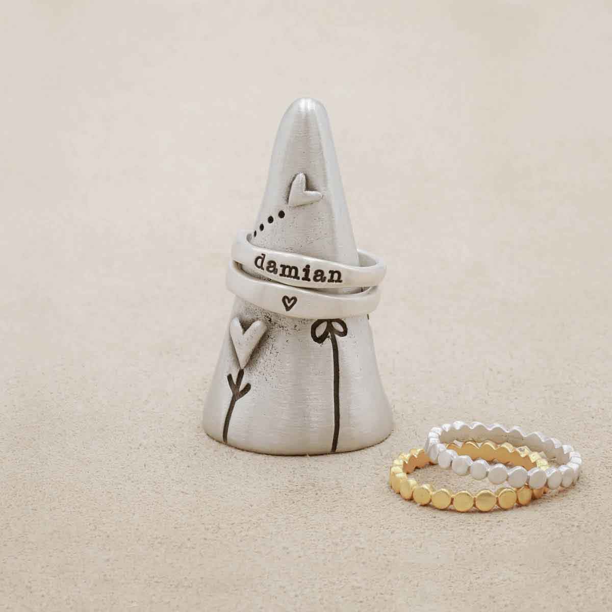 Love Is Everywhere Ring Holder, hand crafted in pewter, engraved with flowers and hearts