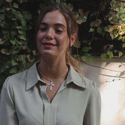 Double Birthstone Bloom Cross Necklace (Sterling Silver)