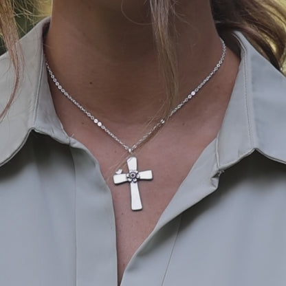 Birdie Birthstone Bloom Cross Necklace (Sterling Silver)
