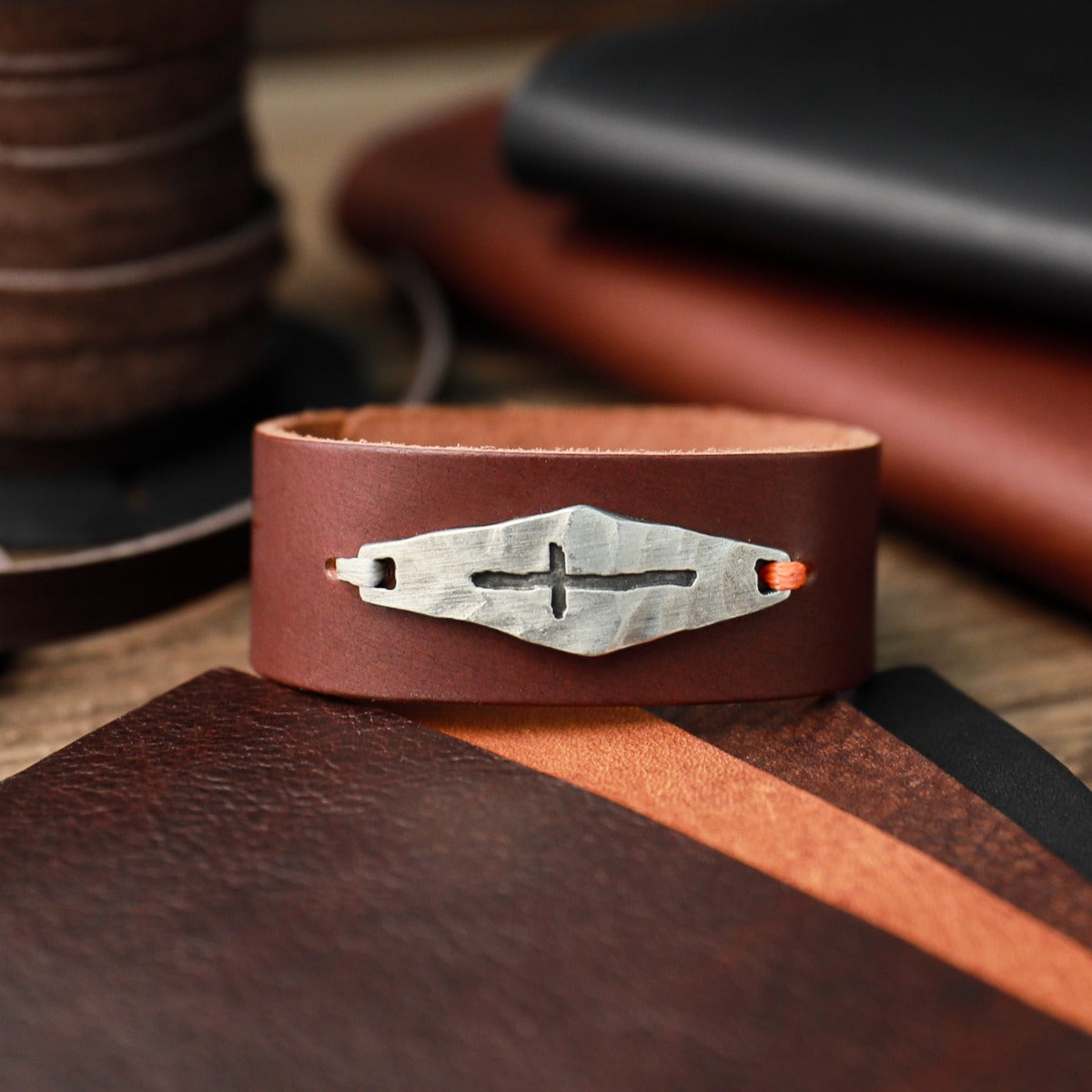 Identity Cross Leather Cuff (Brown)
