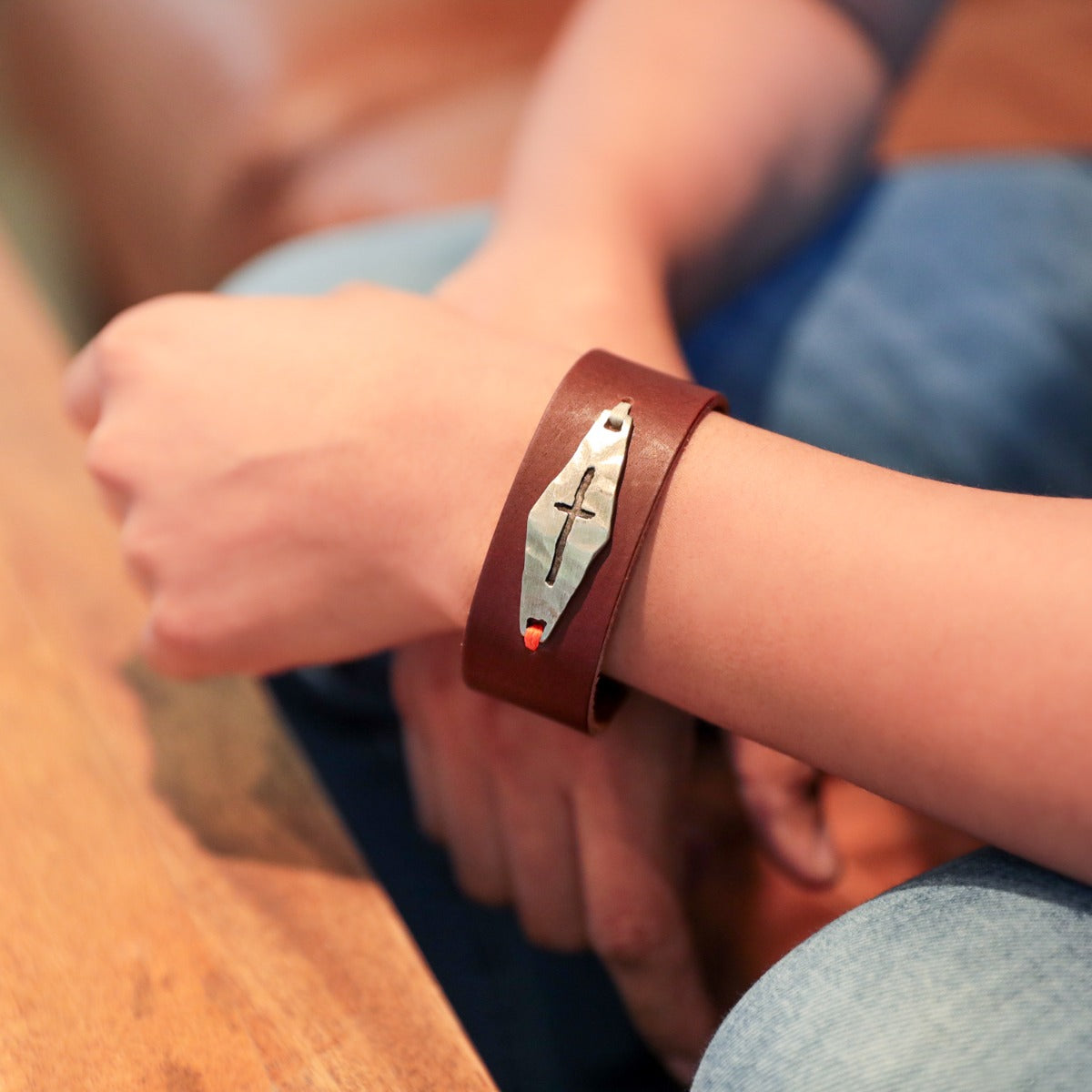 Identity Cross Leather Cuff (Brown)