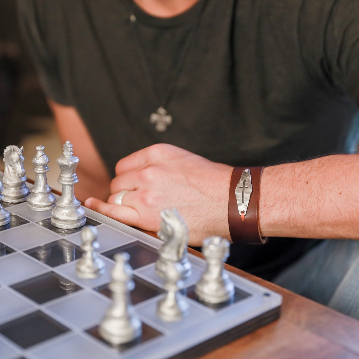 Identity Cross Leather Cuff (Brown)