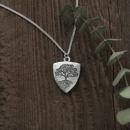 Family Tree Shield Necklace (Antiqued Sterling Silver)