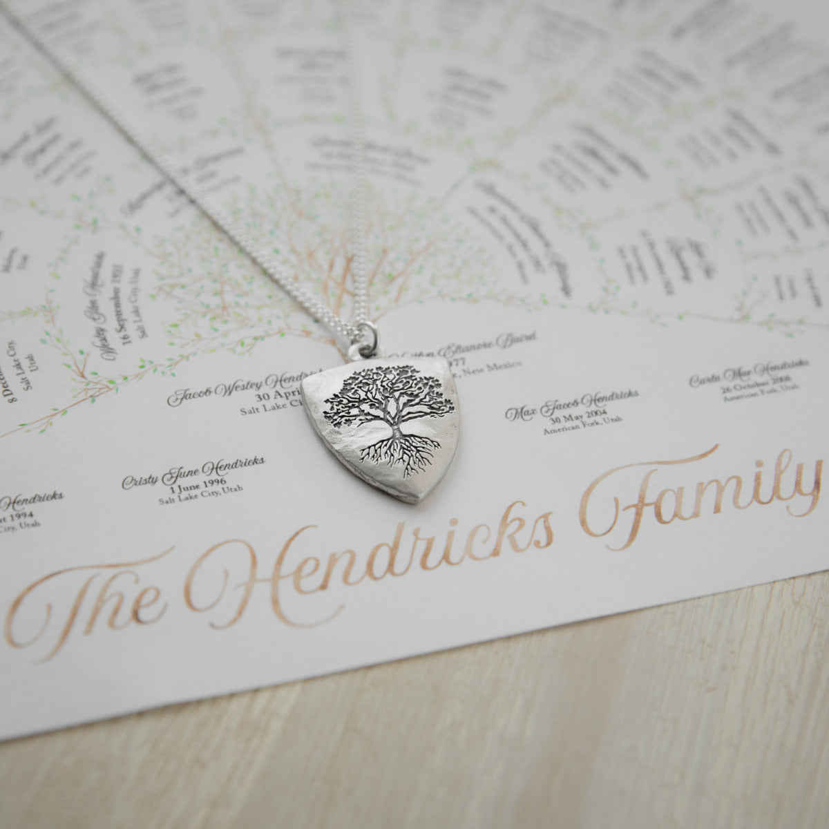 Family Tree Shield Necklace (Antiqued Sterling Silver)