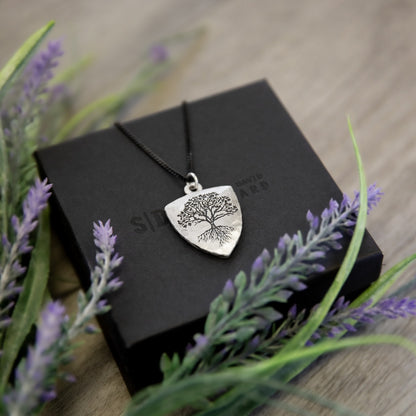 Family Tree Shield Necklace (Antiqued Sterling Silver)