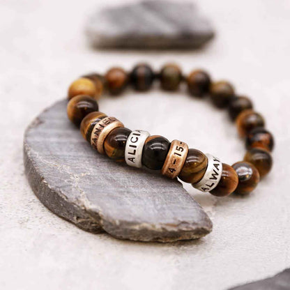 man wearing a Tiger Eye Beaded Name Bracelet